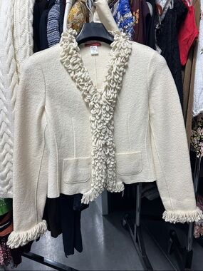 Cream Textured Loop-Trim Women's Jacket